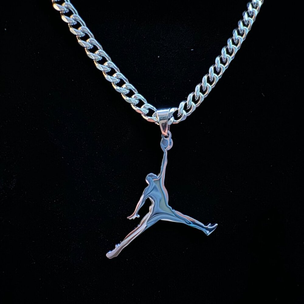 Silver Jordan Jumpman Pendant Necklace - MJ - Silver Plated - 22" Cuban Chain